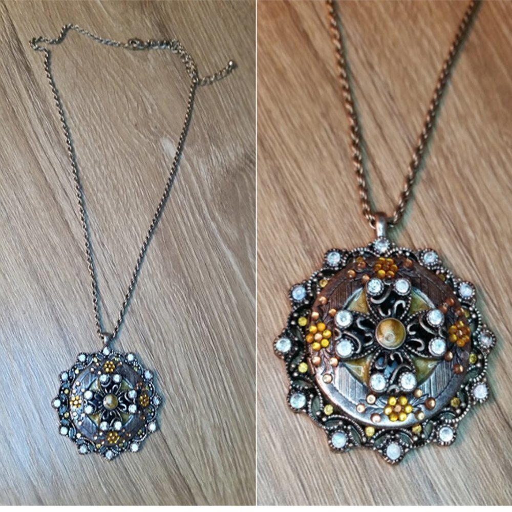 Silver tone bejeweled statement medallion pendant chain necklace dressy
